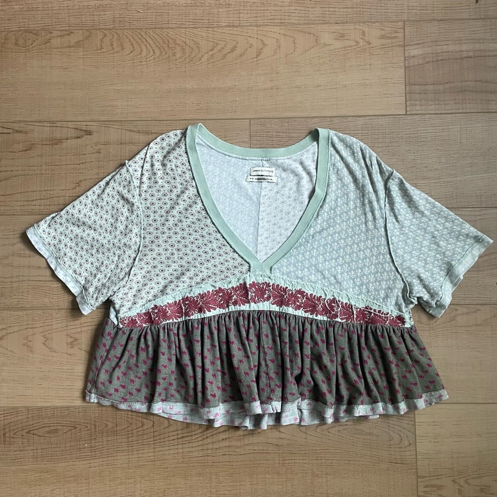 Urban Outfitters Mint and Burgundy Patchwork Crop Top